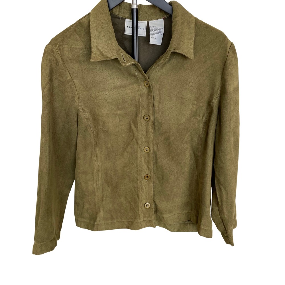 Studio Ease Womens Olive Green Faux Suede Button Down Shirt Jacket Size 12
